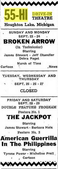 Sep 21 1951 ad 55-Hi Drive-In Theatre, Houghton Lake